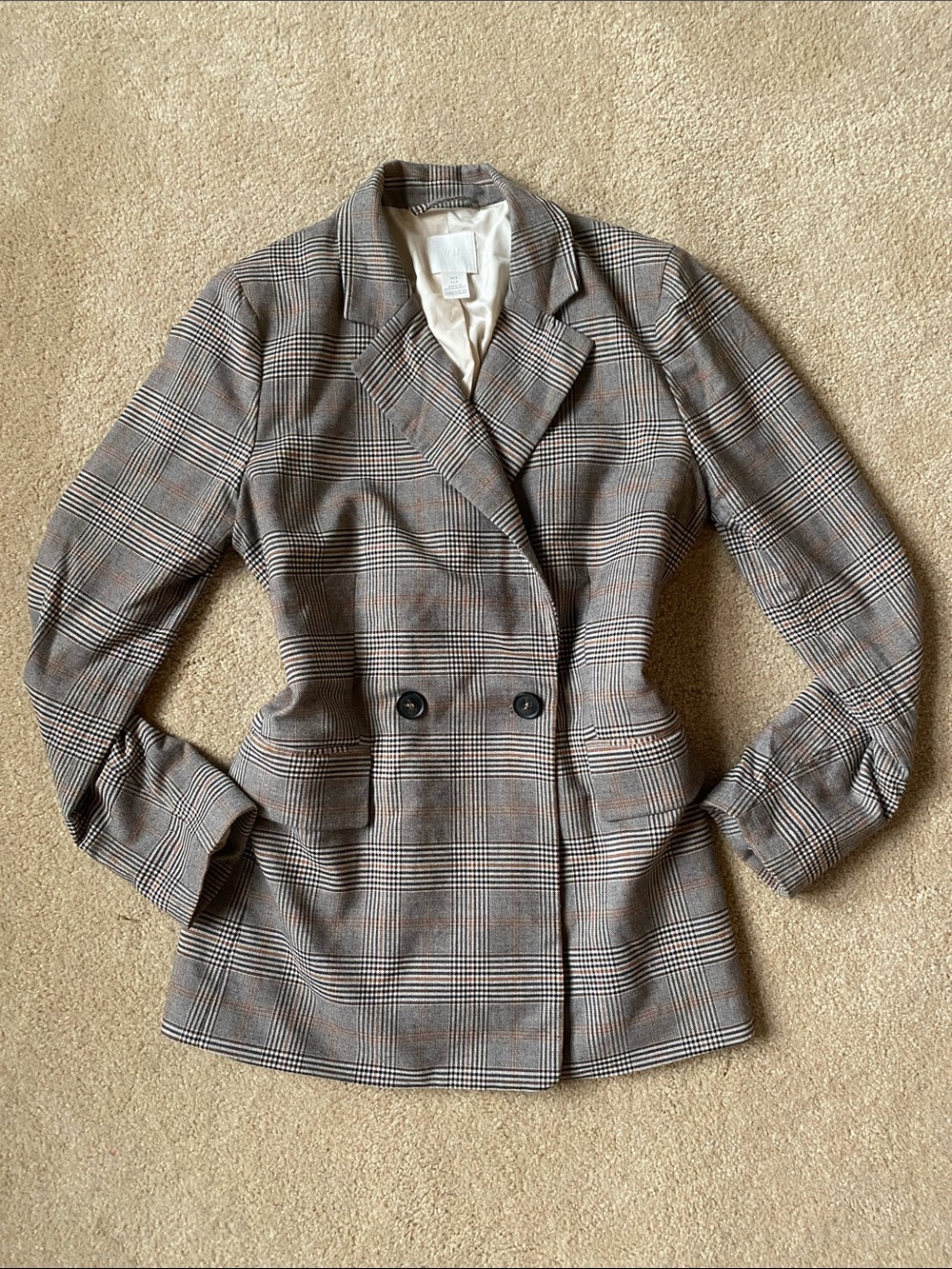 H&M Double-Breasted Glen Plaid Blazer in black and Brown
